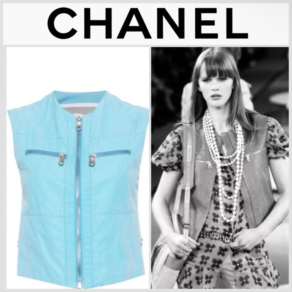 CHANEL By KARL LAGERFELD S/S 2002 RUNWAY Blue Sport Vest Jacket Coat Size 40
